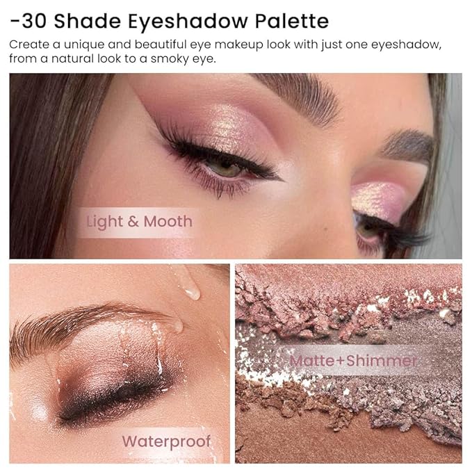 30 Colors Nude Champagne Gold Matte Shimmer Eyeshadow Palette with Brush for Eye Makeup,High Pigmented Pink Purple Brown Eye Shadow Primers Powder Palet de sombras de ojos-Big30-FemmiqueWomen