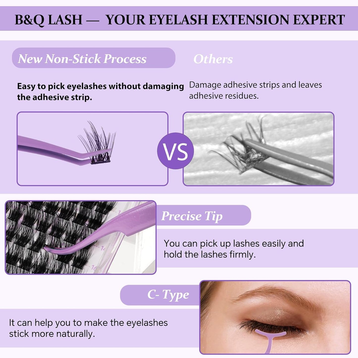 Eyelash Applicator Tool 3 PCS Lash Applicator Tool Kit Lash Tweezers for Eyelash Extensions Application Tool and Removal （Purple,3 PCS）-FemmiqueWomen