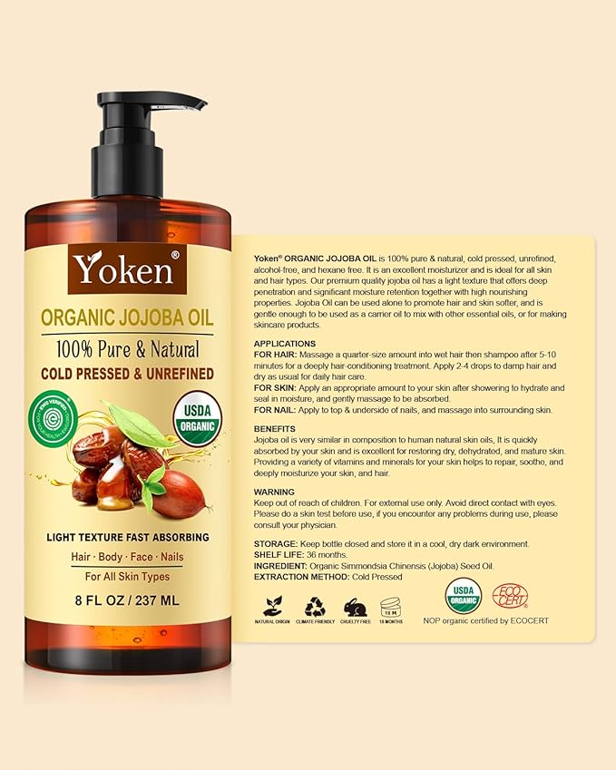 Yoken USDA Organic Jojoba Oil Cold Pressed 8 fl oz, 100% Pure & Natural Unrefined Jojoba Oil for Face Hair & Skin Massage, Hexane Free, Deeply Moisturizing Body Carrier oils Multi-Purpose Serum-FemmiqueWomen