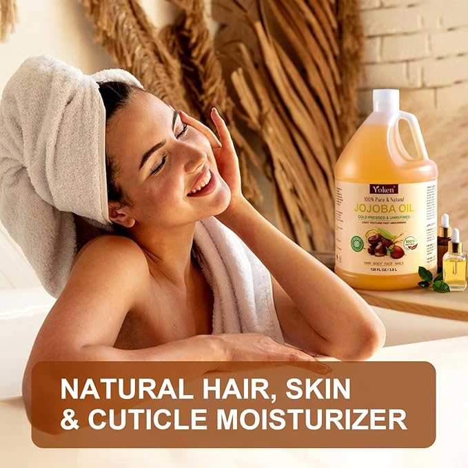 Yoken 1 Gallon Jojoba Oil EWG Verified - 100% Pure Jojoba Oils Bulk Cold Pressed Unrefined Hexane Free Virgin Golden jojoba Carrier Oil for Hair Skin Massage DIY Natural Body Moisturizer-FemmiqueWomen