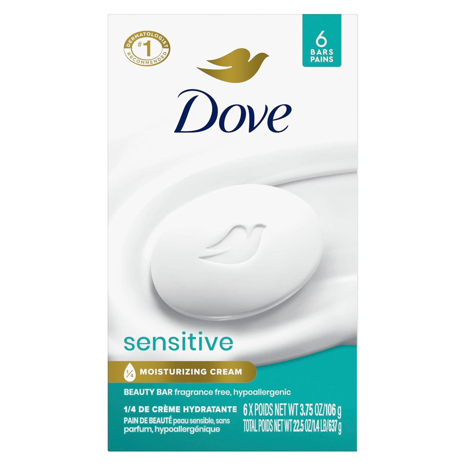 Dove Beauty Bar Soap Sensitive, 6 Bars for Sensitive Skin, Fragrance Free and Hypoallergenic 3.75 oz-FemmiqueWomen