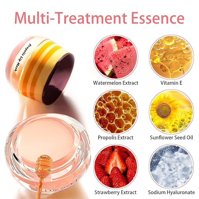 3 PCS Bee Lip Balm Honey Pot, Honey & Strawberry & Watermelon Lip Mask Overnight Propolis Moisturizing Lip Balm Hydrating Prevention Dry and Crack Lip Scrubs Exfoliator Lip Wrinkle Care (Set B)-FemmiqueWomen