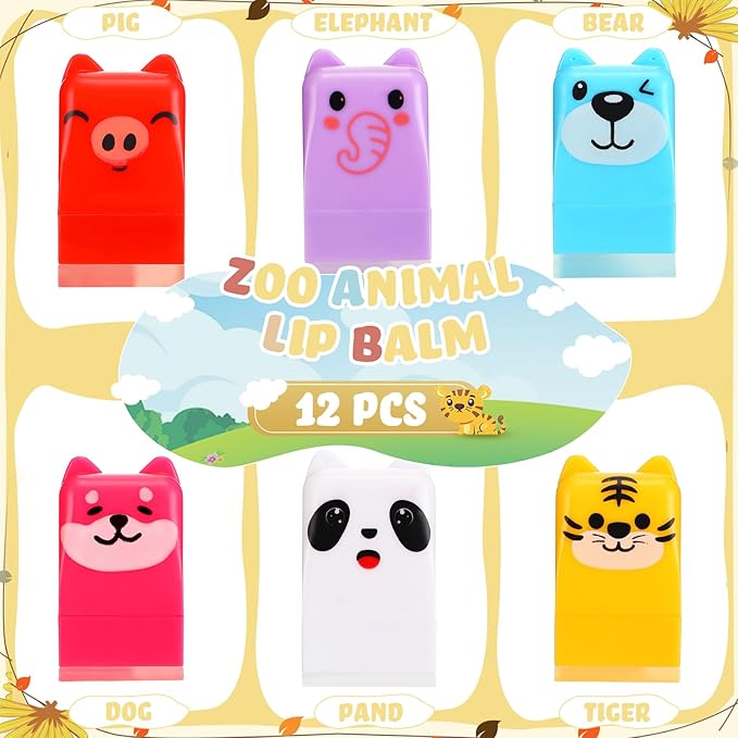 12 Pcs Farm Animals Birthday Lip Balm Gifts for Baby Shower Prizes Gift Baby Shower Favors Genger Reveal Gifts Zoo Theme Birthday Party Favors for Preschool Toddler Boy Girl Classroom Prizes-FemmiqueWomen