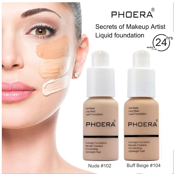 2 Pcs Phoera Foundation Makeup 102 and 104 Liquid Full Coverage 24HR Matte Oil Control Foundation Makeup Concealer (Nude & Buff Beige) with Kabuki Foundation Brush Flat Top-FemmiqueWomen