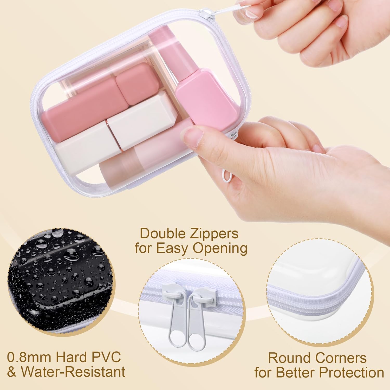 Hoolerry 3 Pcs Clear Hard Zipper Case Plastic Pouch Transparent Hard Case Clear Makeup Bag Portable Travel Organizer Bin for Cosmetics, Building Blocks, Puzzles(White,Xs)-FemmiqueWomen
