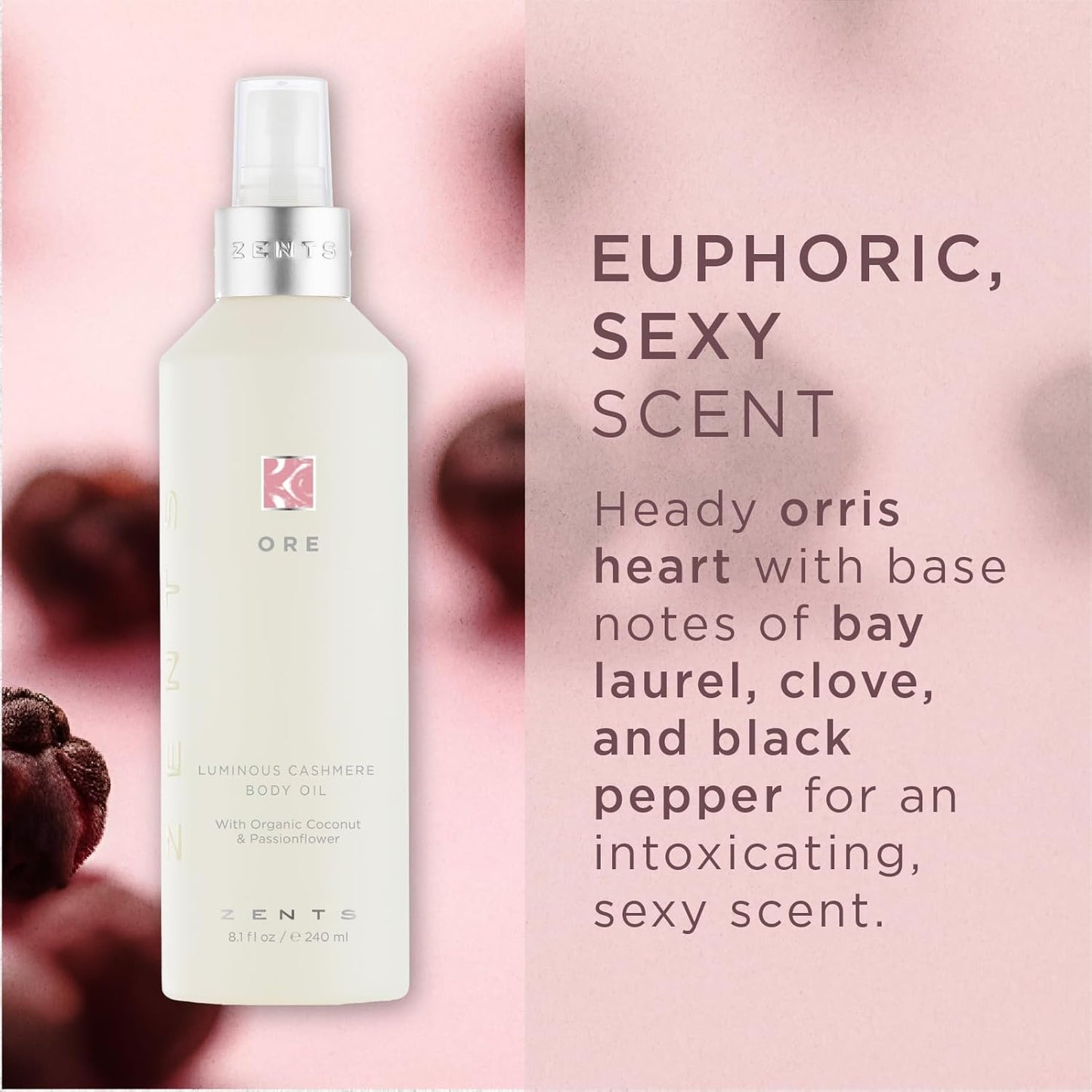 Zents Luminous Cashmere Body Oil (Ore Fragrance) | Moisturizing Body Oil with Vitamin E & Organic Coconut Oil | Softens & Smooths Skin | 8 fl oz-FemmiqueWomen