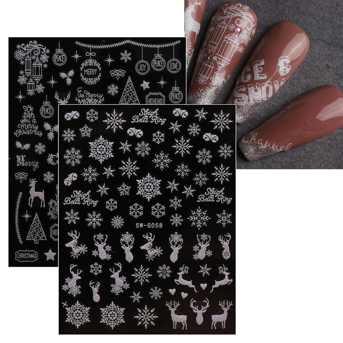 JMEOWIO 9 Sheets Christmas Glitter Nail Art Stickers Decals Self-Adhesive Snowflake Winter Holiday White Nail Supplies Nail Art Design Decoration Accessories-FemmiqueWomen