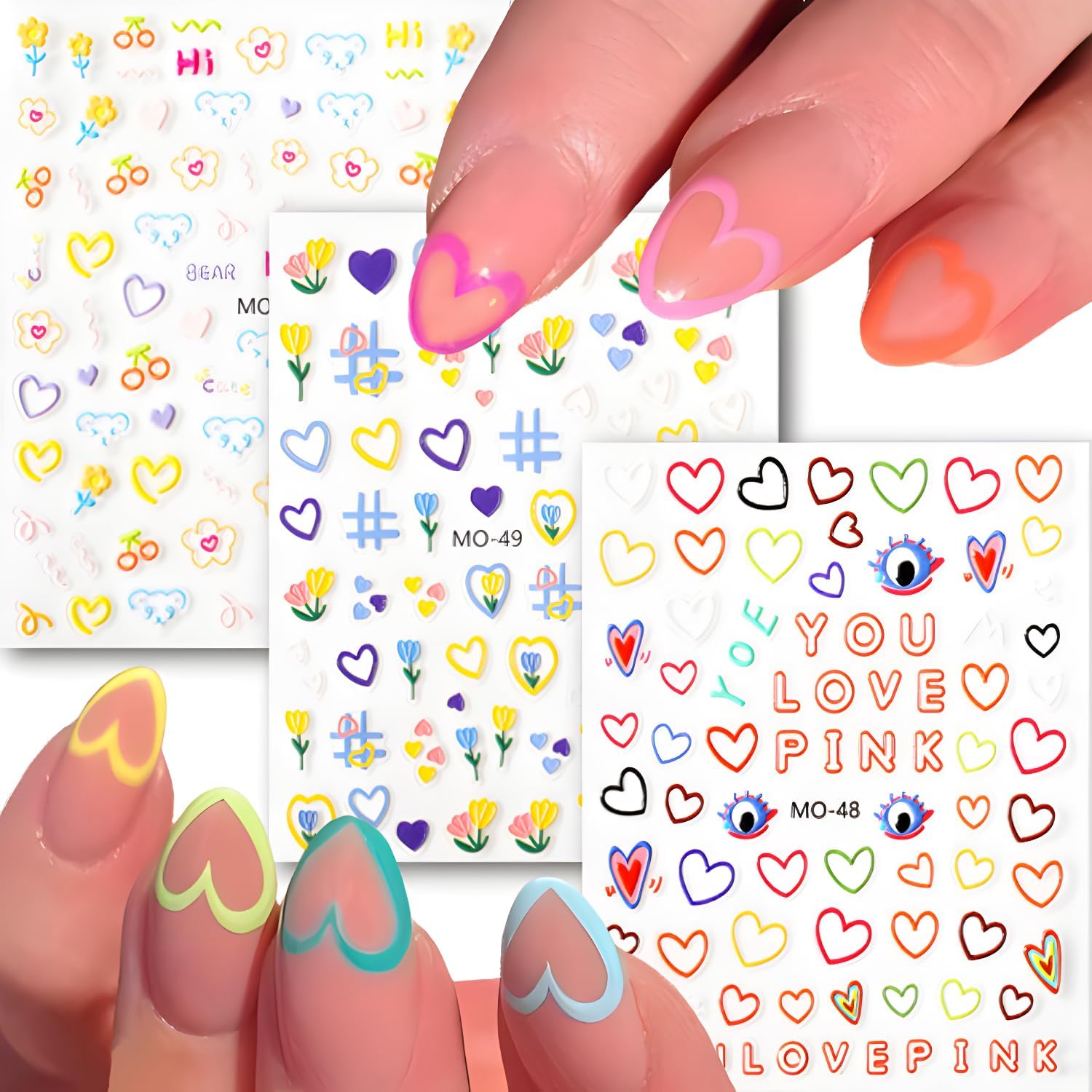 3 Sheets Valentine's Nail Stickers - 5D Embossed Heart Nail Decals for Valentine's Day - Cute Colorful Heart Design for Women & Girls-FemmiqueWomen
