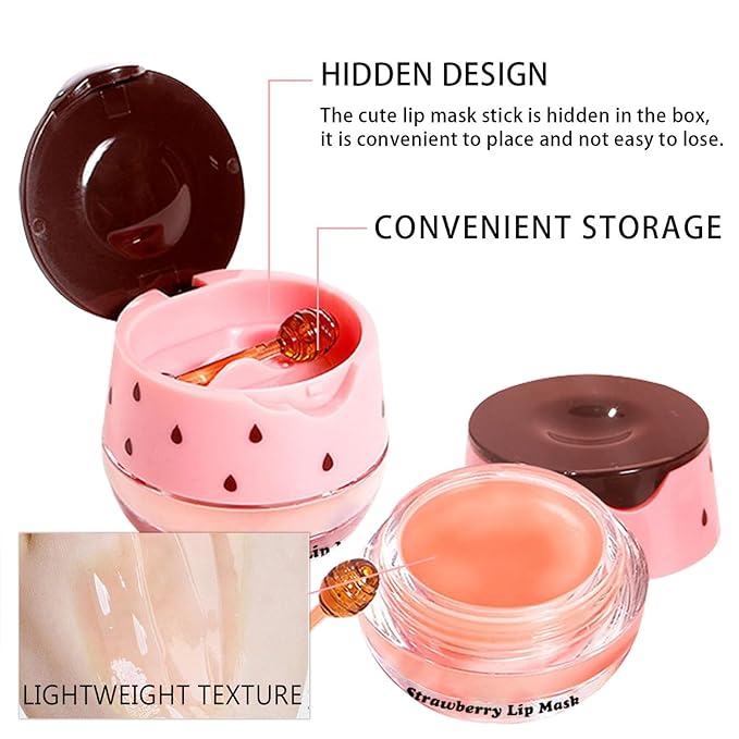 3 PCS Bee Lip Mask Lip Balm Honey Pot, Strawberry & Honey Lip Sleeping Mask Hydrating Prevention Dry and Cracked Lip Scrubs Exfoliator,Lip Mask Overnight Reduces Lip Lines-FemmiqueWomen