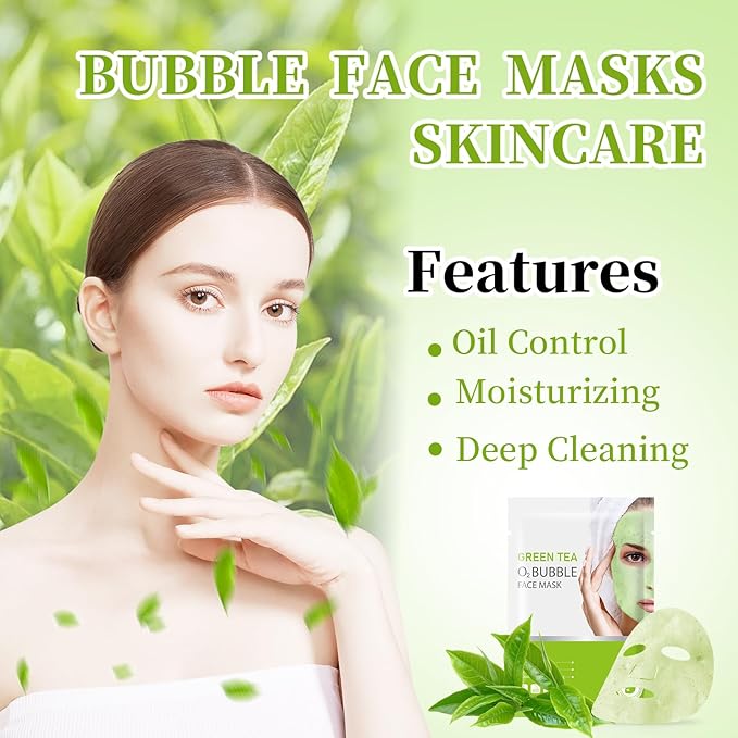10 Sheets Face Masks Skincare O2 Bubble Green Tea Face Mask, Cleaner Bubble Sheet Masks Foaming Purifying Facial Mask for Pores, Moisturizing Spa Face Masks Skin Care For All Skin Type-FemmiqueWomen