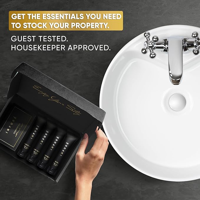 Infuse Black Amenity Kit | Boxed Hotel Toiletries | Bulk Set 1 oz Travel Size Shampoo, Conditioner, Lotion, Body Wash & Cleansing Bar for Guest Hospitality AirBnB/Vacation Rentals | 75 Pieces-FemmiqueWomen