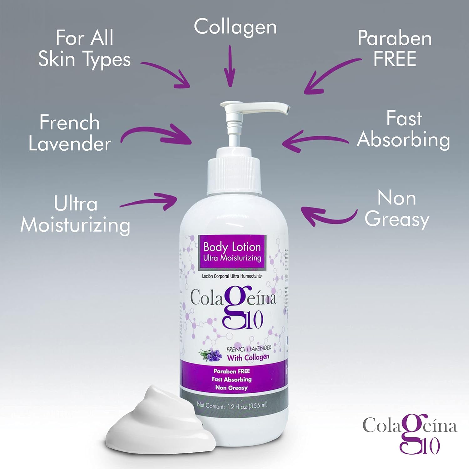 Colageina 10 Ultra Moisturizing Body Lotion (12 fl oz) - French Lavender - Non Greasy, Fast Absorbing, Anti-Aging, Daily Lotion Powered by Hydrolyzed Collagen-FemmiqueWomen