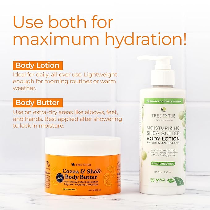 Tree to Tub Shea Body Butter for Dry, Extremely Dry, Sensitive Skin - Moisturizing Body Cream for Women & Men, Hydrating Body Lotion Moisturizer w/Vitamin C, Organic Cocoa, Citrus Scent-FemmiqueWomen