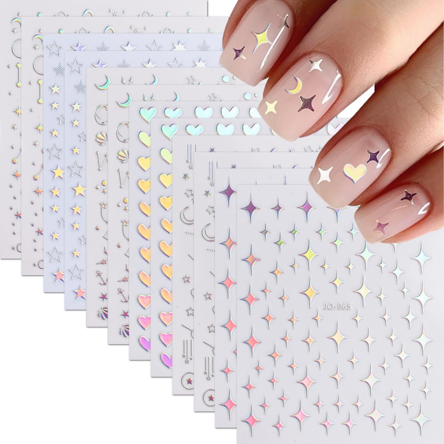 12 Sheets Aurora Nail Stickers for Nail Art 3D Self Adhesive Moon Star Nail Art Stickers Aurora Nail Decals Glitter Holographic Nail Design Heart Nail Art Supplies DIY Manicure Decorations for Women-FemmiqueWomen