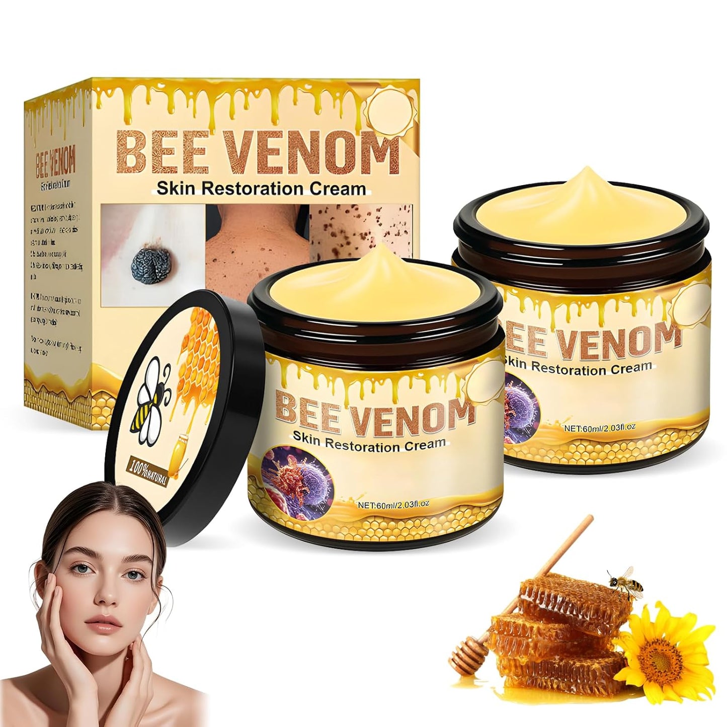 Bee Venom Skin Restoration Cream,Professional Bee Venom Skin Treatment Cream,Bee venom Comprehensive cream,Effectively Firms skin and Anti-Wrinkle Moisturizing (2Pcs)-FemmiqueWomen