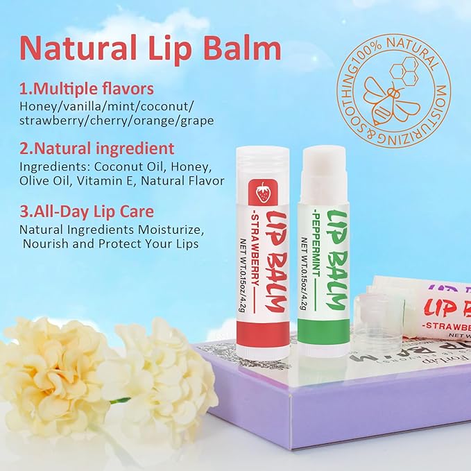 24 Pack Lip Balm, Natural Lip Balm Bulk with Vitamin E and Coconut Oil, Moisturizing Soothing Chapped Lips-8 Flavors-FemmiqueWomen