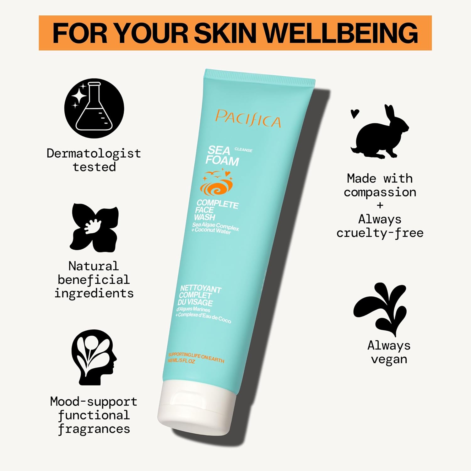 Pacifica Beauty Sea Foam Face Cleanser, Daily Gentle Foaming Face Wash, With Coconut Water + Sea Algae Complex, Removes Makeup, For Combination and Oily Skin, Vegan and Cruelty Free, Clean Skin Care-FemmiqueWomen