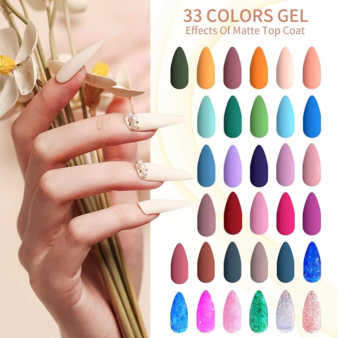 JEWHITENY Gel Nail Polish Kit, 36 Pcs 7ML Soak Off Gel Polish Set Pink Blue Green Yellow Gel Nail Kit Glitter Nail Art Starter Kit Beauty Gifts-FemmiqueWomen