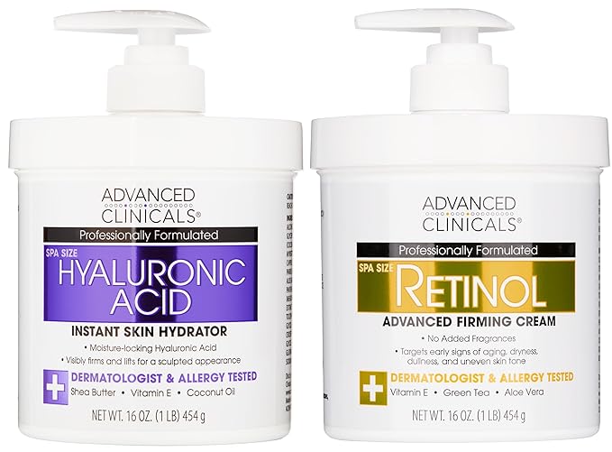 Advanced Clinicals Retinol Cream + Hyaluronic Acid Lotion Face & Body Skin Care. Anti Aging Dry Skin Rescue Creams Reduce Appearance Of Wrinkles, Fine Lines, & Sagging Skin, 16 Oz (Pack of 2)-FemmiqueWomen