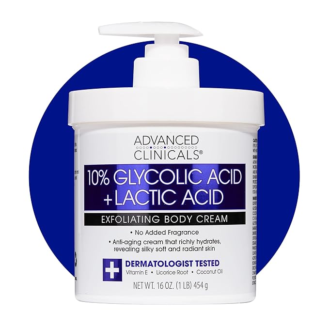 Advanced Clinicals 10% Glycolic Acid + Lactic Acid Lotion Exfoliant Moisturizing Cream With Hyaluronic Acid Moisturizer | AHA Exfoliating Body Cream Improves Look Of Uneven Rough Skin Texture, 16 Oz-FemmiqueWomen