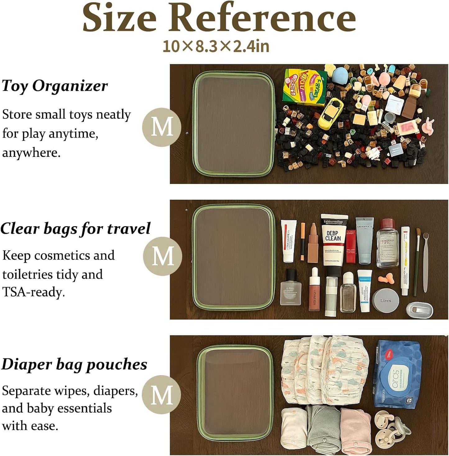 4 pcs Clear Zipper Pouches,Hard Shell Zipper Case, Toiletry Bag for Travel, CLear Diaper Bag, Toiletry Pouch, Travel Organizer, Clear Cosmetic Bag,Toy Storage Bins (M+3S) (Mint Green)-FemmiqueWomen