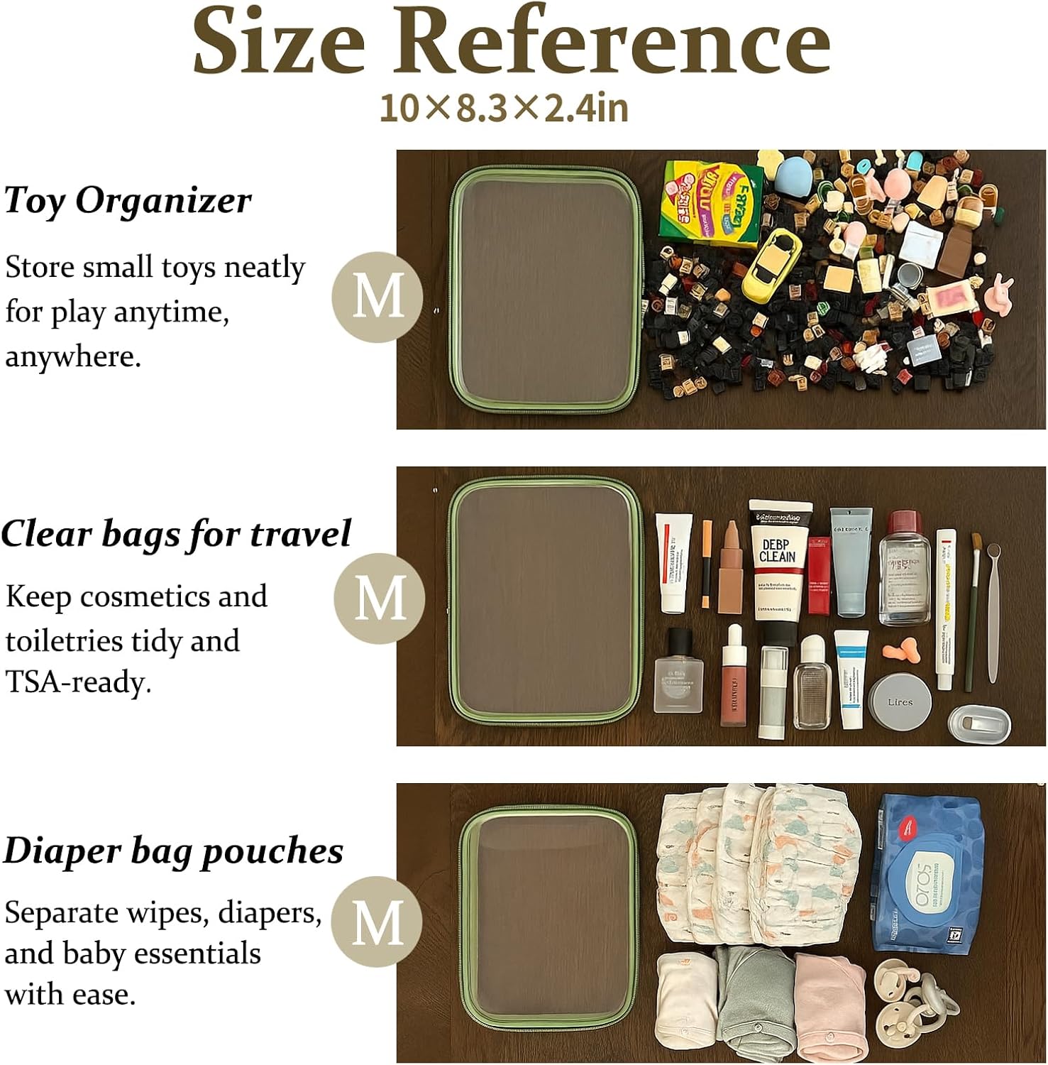 4 pcs Clear Zipper Pouches,Hard Shell Zipper Case, Toiletry Bag for Travel, CLear Diaper Bag, Toiletry Pouch, Travel Organizer, Clear Cosmetic Bag,Toy Storage Bins (M+3S) (Mint Green)-FemmiqueWomen