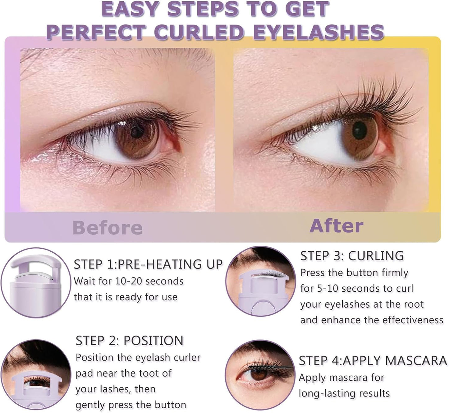 Heated Eyelash Curler - Wide Open Dual-Arc Design Heated Lash Curler - Electric Eyelash Curler - Type-C Rechargeable Mini Lash Curler Natural Curling 24H Long Lasting for Women - Purple-FemmiqueWomen