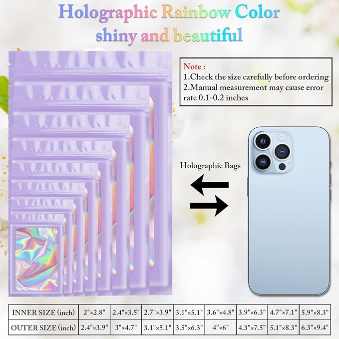 100 Pack Holographic Bags, Packaging Bags, Clear Window Resealable Odor Foil Pouch Bag for Food Storage and Lipgloss, Jewelry Lash (Purple, 4 x 6 Inch)-FemmiqueWomen