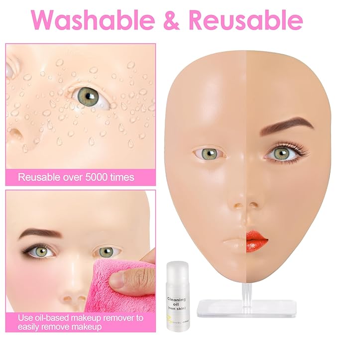 3D Makeup Practice Kit,Reusable Silicone Makeup Practice Face Board/Makeup Mannequin Face,with Makeup Brushes Set&Eyebrow Pencils&Eyelashes&a Makeup Bag&makeup remover towel&Eyeshadow&Lipstick-FemmiqueWomen
