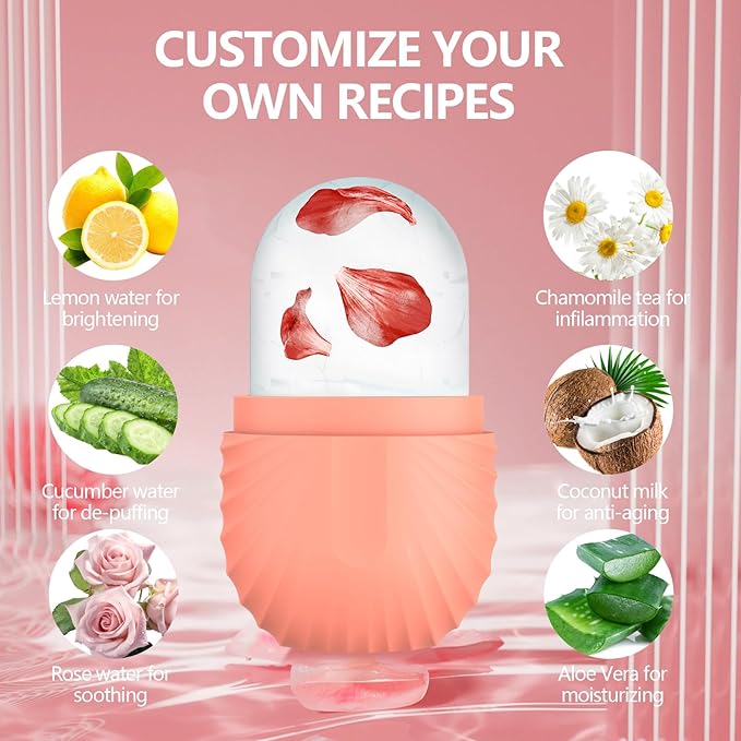 2pcs Ice Roller for Face and Eye, Silicone Ice Facial Roller Ice Holder, Face Ice Mold Skin Care, Face Icers Reusable Ice Cube Roller for Shrink Pores Anti Wrinkle Reduce Puffiness, Pink Green-FemmiqueWomen