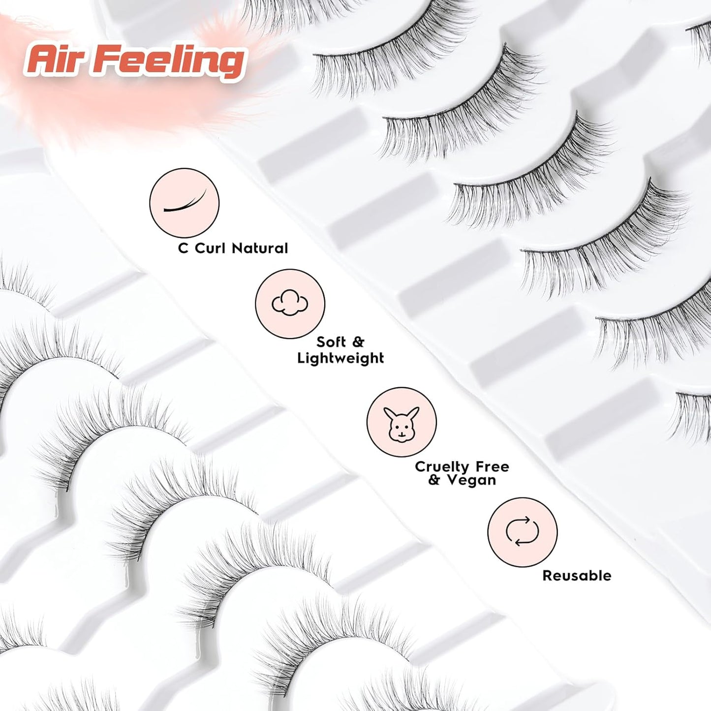 False Lashes Eyelashes Wispy 10MM Short Lash Natural Thin Band Strip Eyelash 3D Volume C Curl 7 Pair-FemmiqueWomen