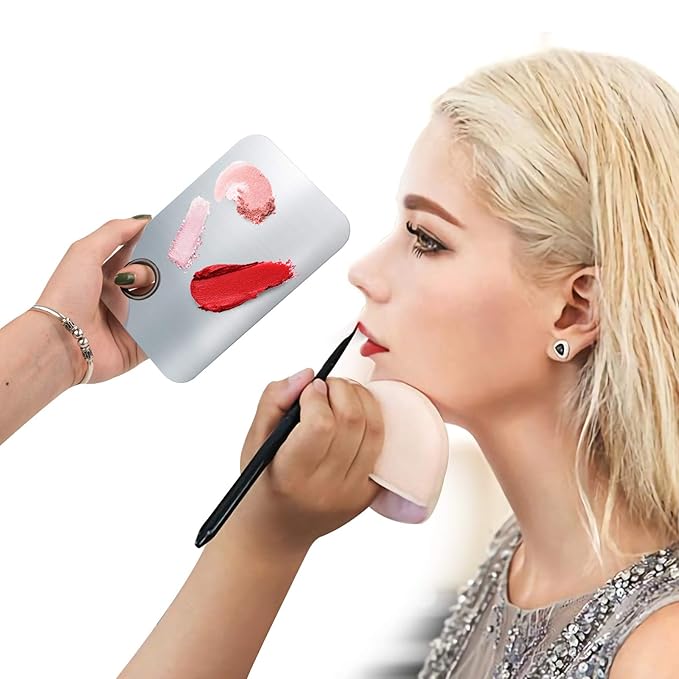 2 Pcs Makeup Mixing Palette, Upgrad Stainless Steel Metal Foundation Palette with Spatula Artist Tool for Mixing Foundation Nail-Art 5.9x3.9 in-FemmiqueWomen