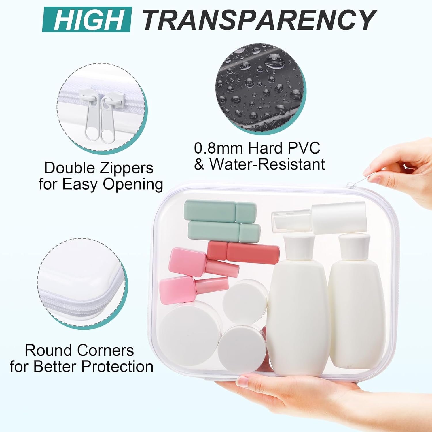 Hoolerry 3 Pcs Clear Hard Zipper Case Plastic Pouch Transparent Hard Case Clear Makeup Bag Portable Travel Organizer Bin for Cosmetics, Building Blocks, Puzzles(White,M)-FemmiqueWomen