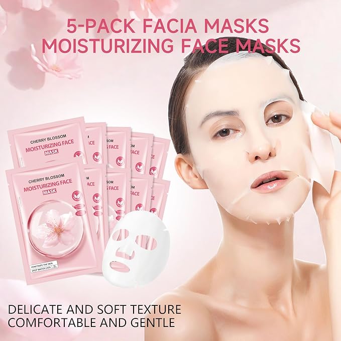 5 Pack Sheets Face Masks Skincare For All Skin Types, Cherry Facial Sheet Masks, Hydrating Facial Sheets Mask for Firming, Sheet Mask with Cherry Blossom Face Mask for Glowing Skin-FemmiqueWomen