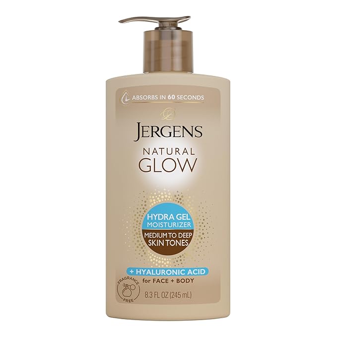 Jergens Natural Glow Hydra Gel Moisturizer, Gradual Tanning Lotion with Hyaluronic Acid, Hydrating Tanning Gel, Fragrance-Free Self Tanner, Medium to Deep Skin Tones 8.3 Fl Oz-FemmiqueWomen