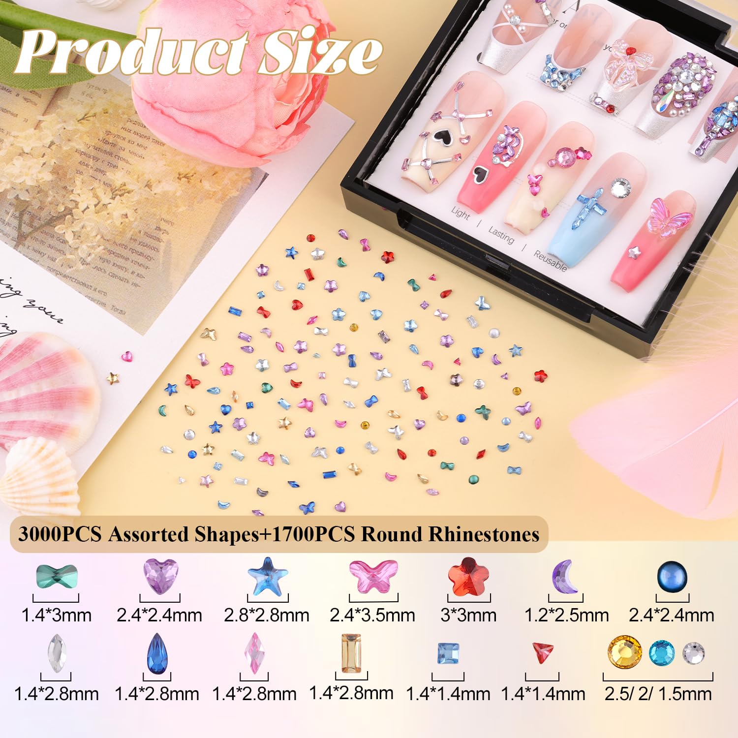 1.2-3 MM 4700 PCS Muliti Shape Colorful Rhinestones for Nail Art, 3D Resin Flatback Bedazzling Gems Mini Flower Bow Heart Star Butterfly, Gems Kit with Tweezers, Pickup Pencil and 15ML Nail Glue-FemmiqueWomen