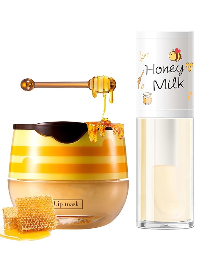 2Pcs Bee Lip Balm Honey Pot Lip Mask & Lip Glowy Oil Lip Care Set, Propolis Moisturize & Nourish Lip Gloss Repair Treatment, Reduce Lip Line & Protect & Plump Dry Cracked Lip Scrub Exfoliator -Set A-FemmiqueWomen