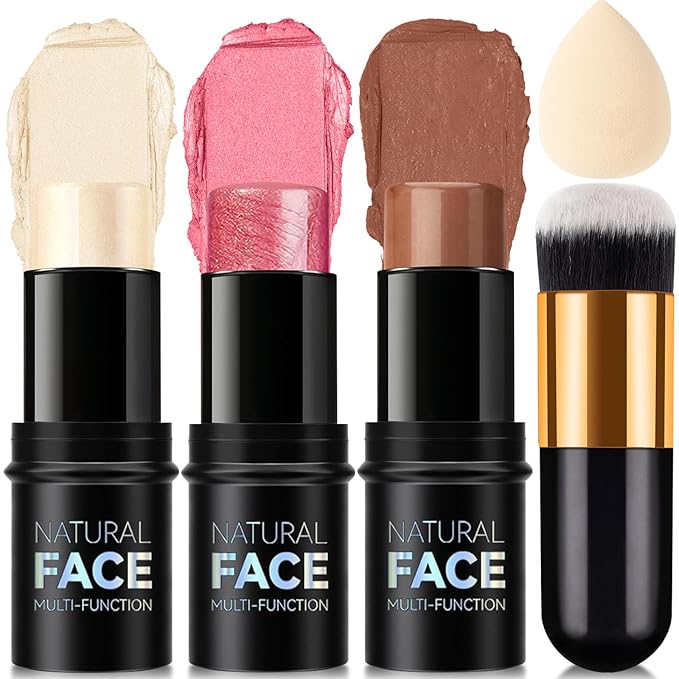 3 Colors Cream Contour Stick, Shades with Highlighter Stick,Blush Stick and Bronzer Contour Stick for Sculpt the Cheeks,Long Lasting,Waterproof,Matte & Dewy Finish for Women (LIGHT(1+3+4))-FemmiqueWomen