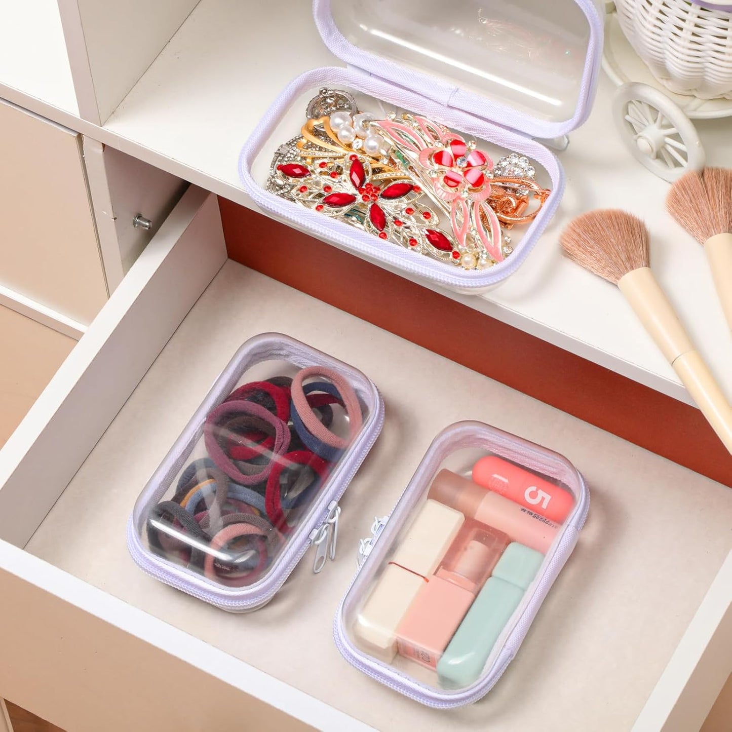 Hoolerry 3 Pcs Clear Hard Zipper Case Plastic Pouch Transparent Hard Case Clear Makeup Bag Portable Travel Organizer Bin for Cosmetics, Building Blocks, Puzzles(White,Xs)-FemmiqueWomen