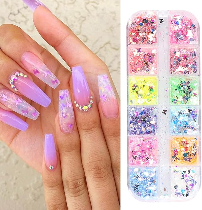 12 Grids Flaky Nail Art Glitter Sequins 3D Heart-Shaped Butterfly Ultra Thin Nail Art Sparkly Flake Designs Moon Stars Decorations Nail Glitter Sequins Suitable for Female Girl Nail Art Techniques-FemmiqueWomen