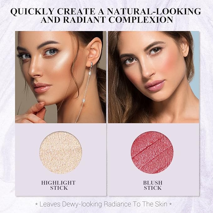 2Pcs Cream Blush Highlighter Makeup Stick Makeup Set for Girls and Women #T Cherry Blush-FemmiqueWomen