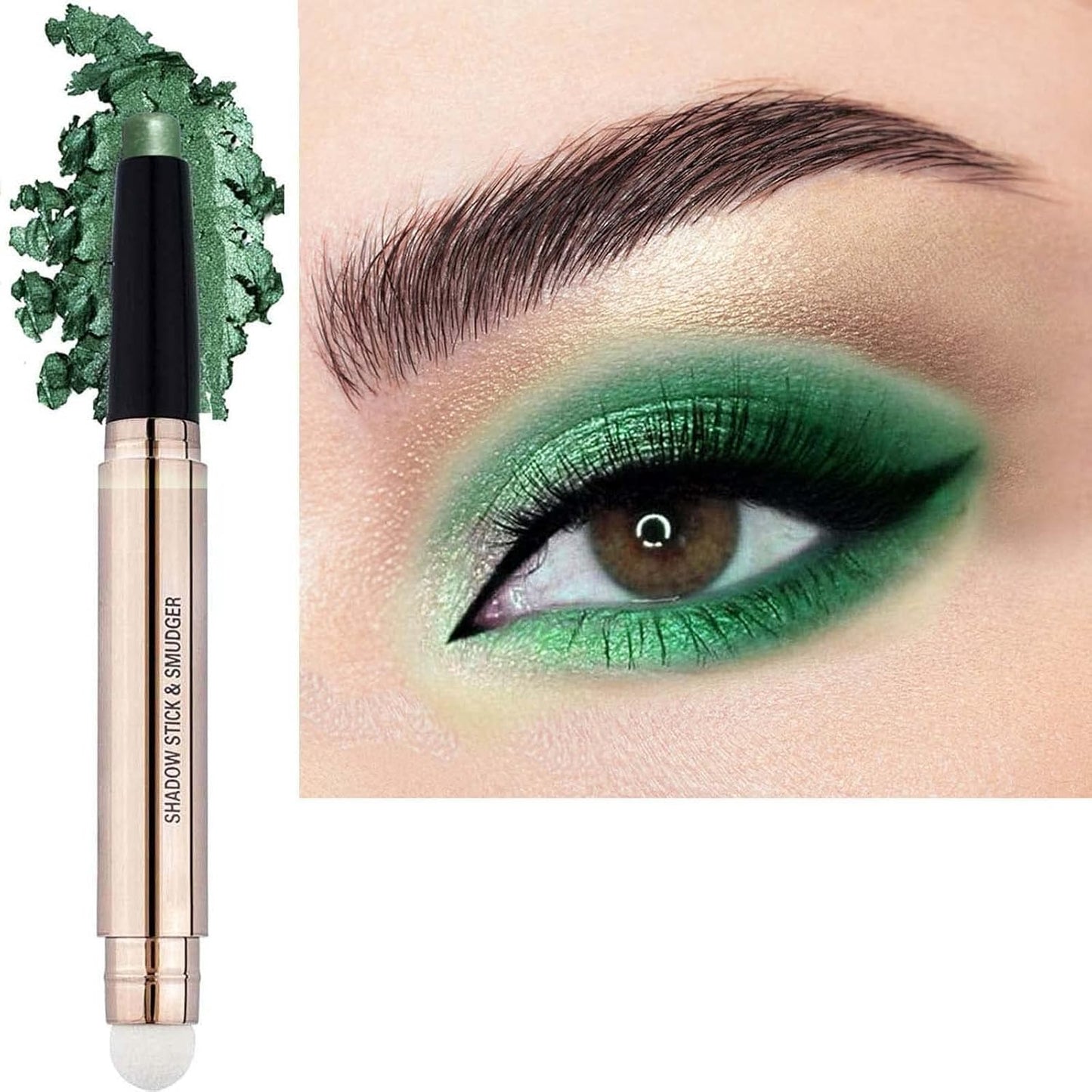 2 in 1 green Eyeshadow stick and Sponge Makeup Brush, Smooth Cream Shimmer Shadow Pencil Long Lasting Waterproof Eye Shadow Highlighter Stick Makeup , Hypoallergenic Eyeshadow, Highlighter Eye Liner-FemmiqueWomen