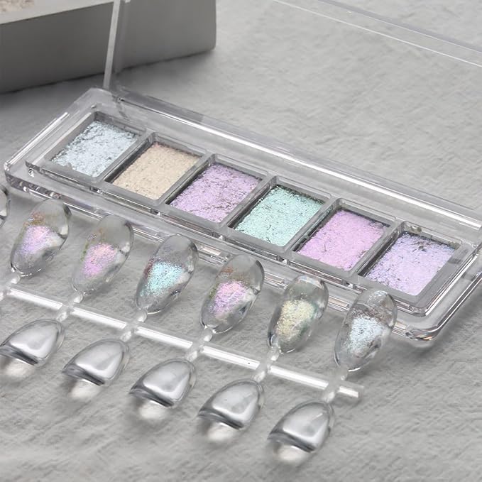 Iridescent Nail Glitter Set, 6 Colors Mud Texture Aurora Chrome Powder, Pink Blue Pearlescent Glitter, Chameleon Nail Flakes Gold Leaf, Holographic Manicure Decor-FemmiqueWomen