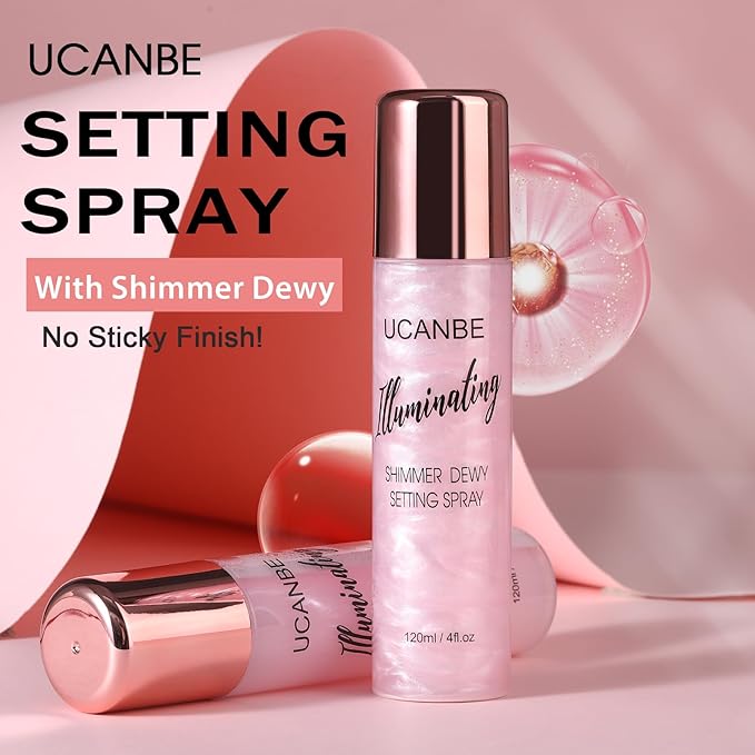 UCANBE Shimmer Dewy Setting Spray – Glowing + Makeup Setting Spray 2 in 1 Lightweight Formula for a Radiant Glow,Long-Lasting Face Mist for Face Body, 4 Fl Oz #Bubblegum-FemmiqueWomen