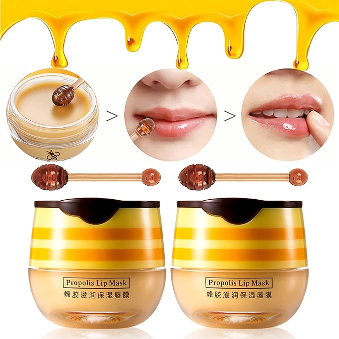 2 Pack Nourishing Bee Lip Balm Honey Pot, Moisturizing Honey Lip Mask, Hydrating & Prevention Dry and Cracked Lip Scrubs Exfoliator Lip Sleeping Mask Reduces Lip Lines Lip Care Products-FemmiqueWomen