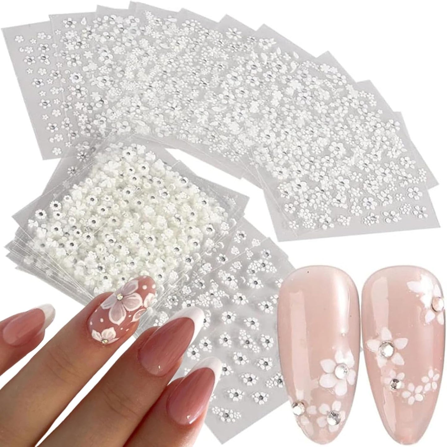 30 Sheets White Flower Nail Art Stickers, 3D Self Adhesive White Flower Nail Sticker Design Holographic Small Floral with Rhinestones Nail Art Decals Nail Supplies for Women Girls Manicure Decoration-FemmiqueWomen