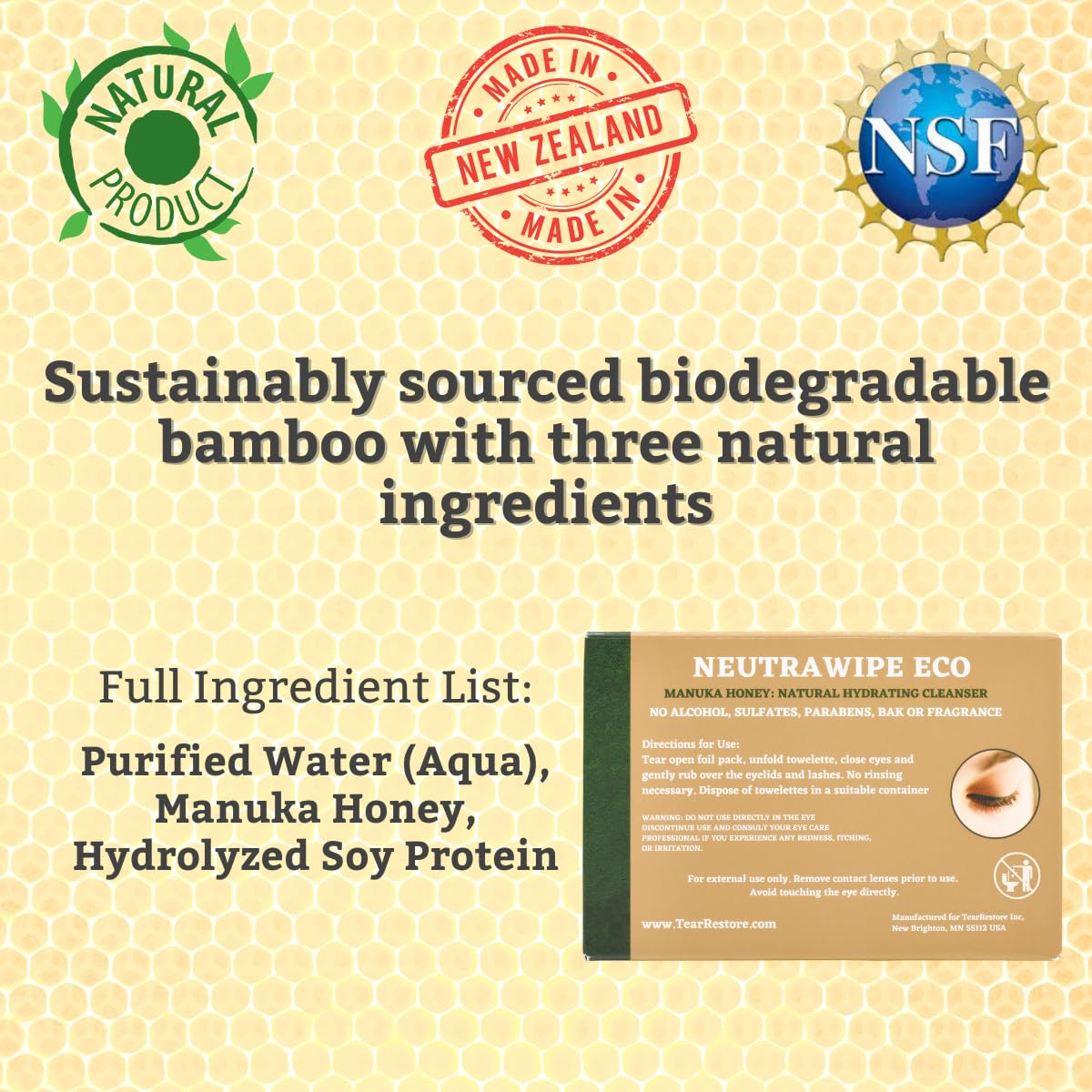 TearRestore NeutraWipe Eco Manuka Honey Eyelid Wipes | Ultra-Soft Biodegradable Eyelash Cleanser For Blepharitis & Dry, Itchy, Swollen, Irritated Eyes (30 Count)-FemmiqueWomen