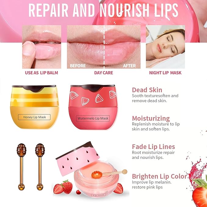 3 PCS Bee Lip Mask Honey Pot Lip Balm,Strawberry Watermelon Lip Mask Overnight Hydrating Dry and Crack Lip Scrubs Exfoliator Propolis Lip Sleeping Mask (Strawberry & Watermelon & Honey)-FemmiqueWomen