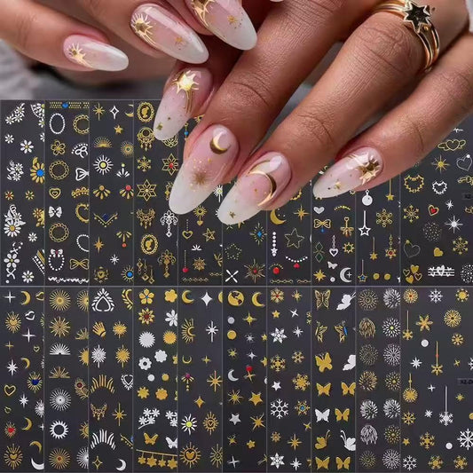 20 Sheets Gold Nail Stickers Star Moon Nail Art Stickers 3D Embossed Self Adhesive Nail Decals Flower Butterfly Heart Nails Design Nail Art Decals for Women Manicure DIY Decoration-FemmiqueWomen