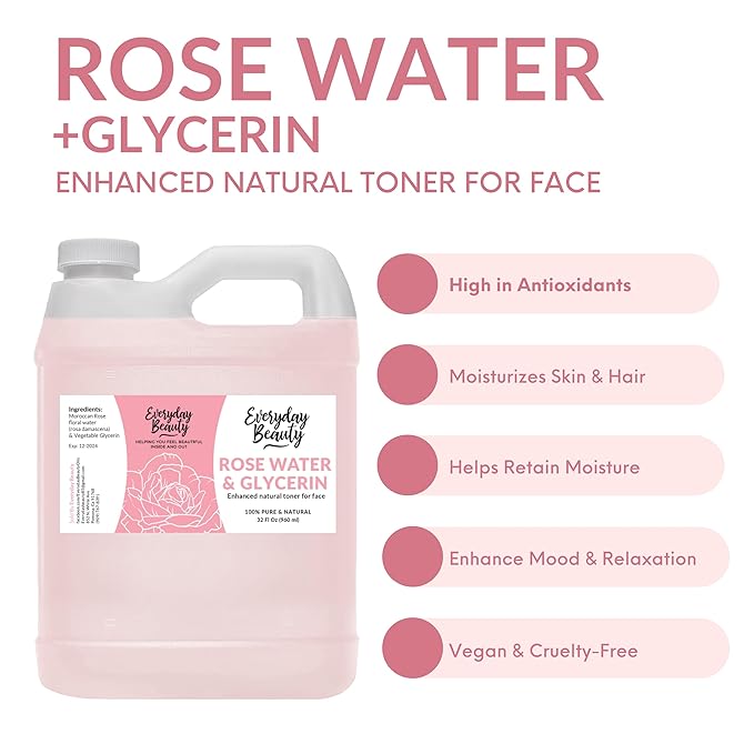 Rose Water & Glycerin Enhanced Facial Toner - 32oz Bulk Alcohol-Free Vegan All Natural Refreshing for Face and Hair - Uplifts, Calming & Soothing for All Skin Types…-FemmiqueWomen